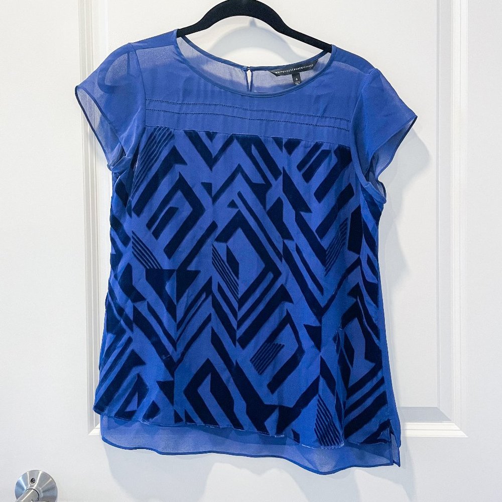 White House Black Market Blue Silk Blend Velvet Burnout Top